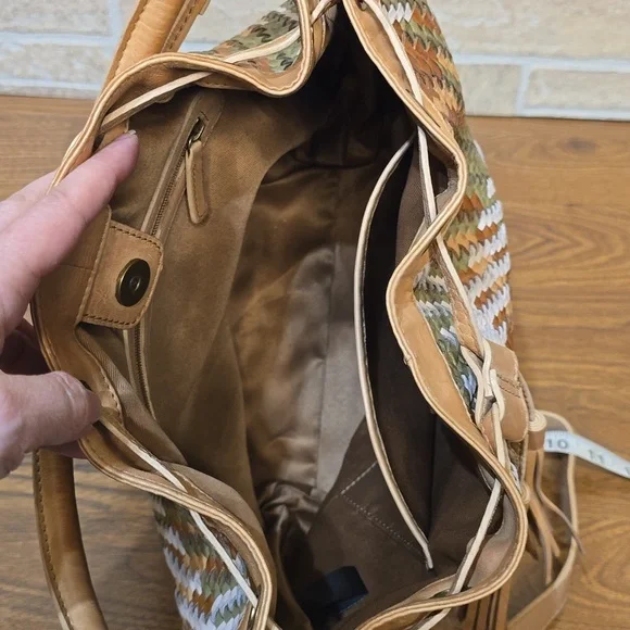 Genuine Leather Woven Bucket Bag Boho Tassel Drawstring Convertible Crossbody - Picture 10 of 12